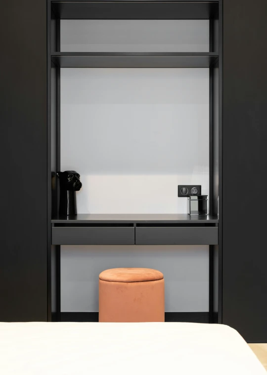a bed room with a neatly made bed, inspired by David Chipperfield, black and auburn colour pallet, vanity, thumbnail, locker room