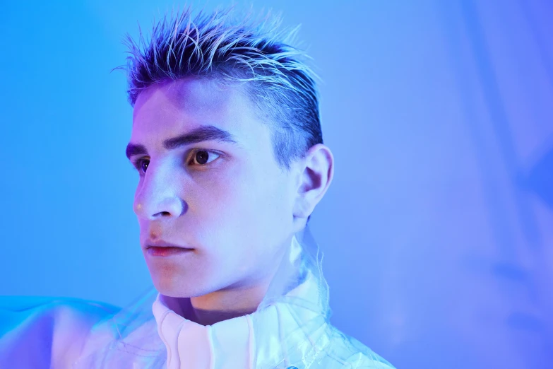 a close up of a person wearing a white shirt, an album cover, inspired by Kristian Kreković, altermodern, bursting with blue light, wearing spiky, f 1 driver charles leclerc, white mohawk