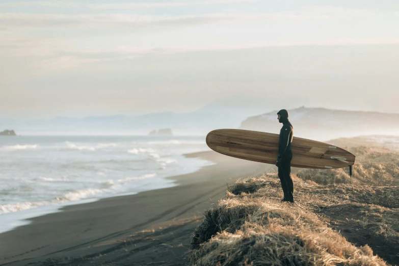 a person standing on a beach holding a surfboard, pexels contest winner, renaissance, overlooking the ocean, hoyte van hoytema, new zealand, avatar image