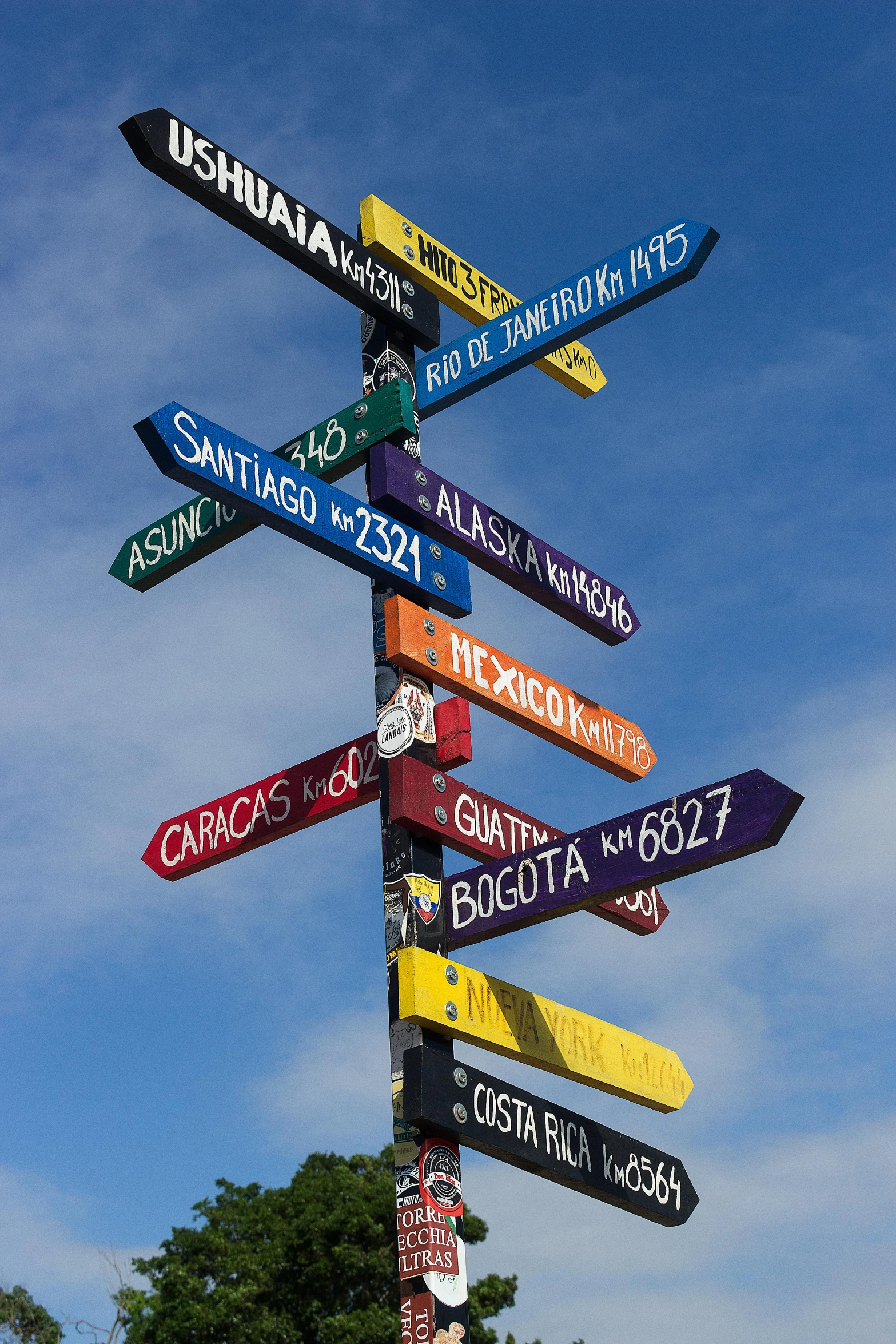 a pole with many different street signs on it, by Terese Nielsen, unsplash, chile, blue sky, square, high quality photo