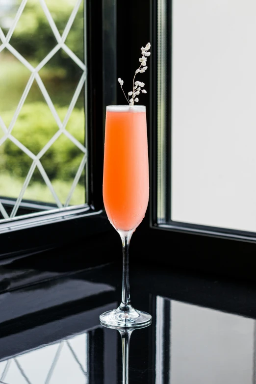 a drink sitting on top of a table next to a window, inspired by Gentile Bellini, tail raised, pink, oscar winning, very long