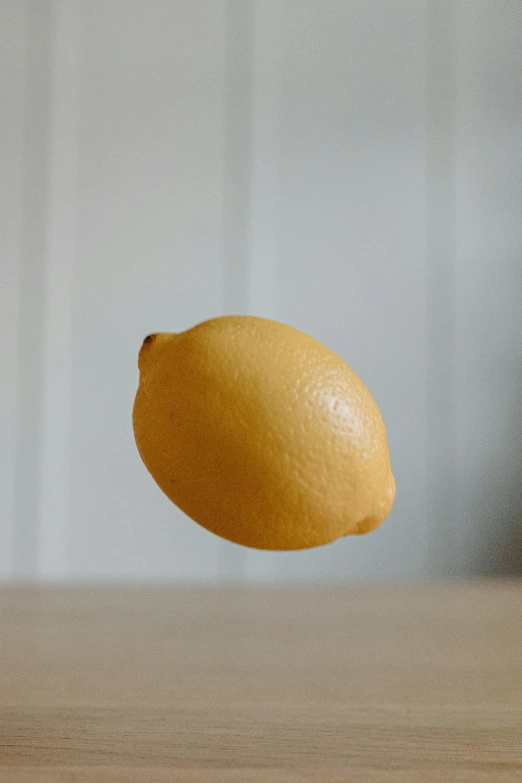 a lemon sitting on top of a wooden table, flying towards the camera, hanging from the ceiling, looking to the side off camera, smooth oval head