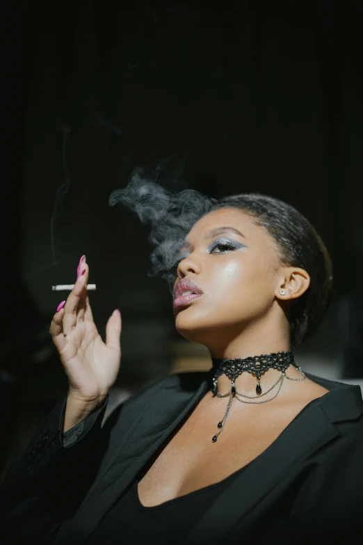 a woman smoking a cigarette in a dark room, an album cover, trending on pexels, renaissance, black female, high fashion classy, ganja, pastel'