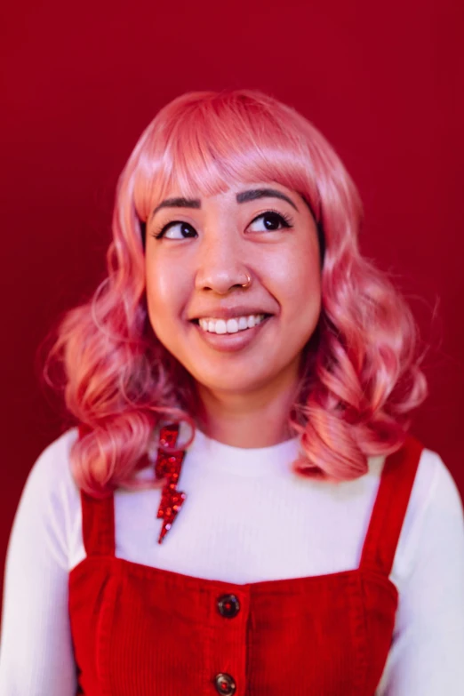 a woman with pink hair wearing a red dress, inspired by Ruth Jên, pokimane, smiling down from above, ((portrait)), featuring pink brains