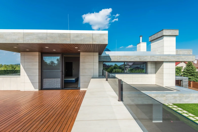 a wooden deck in front of a modern house, by Alexander Fedosav, unsplash, bauhaus, tiled roofs, concrete steel glass, high details photo, slide show