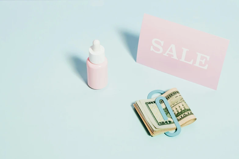 a pink sale sign sitting on top of a pile of money, by Olivia Peguero, pexels contest winner, magic realism, carrying a bottle of perfume, soft blue and pink tints, minimalistic aesthetics, pregnancy