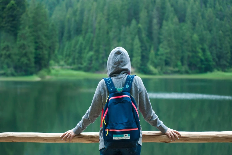 a person with a backpack looking out over a lake, green and blue, wearing a grey hooded sweatshirt, avatar image, college