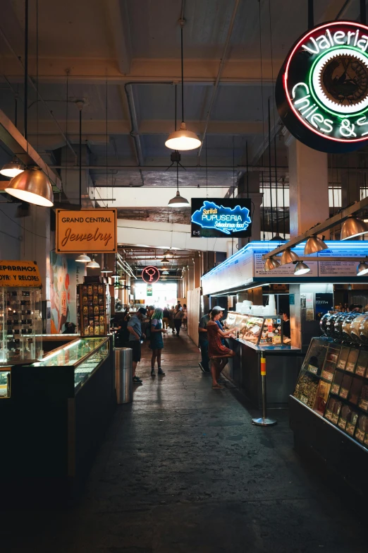 a store filled with lots of different types of food, trending on unsplash, in a massive cavernous iron city, endless hallways, brown, seattle