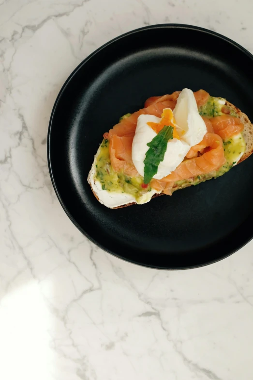 a close up of a plate of food on a table, toast, profile image, salmon, te pae