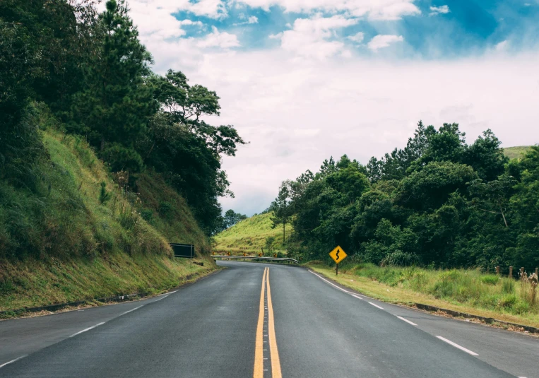 a yellow street sign sitting on the side of a road, a picture, unsplash, kauai, hilly road, background image, road in a forest road