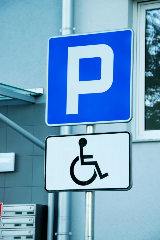 a blue and white parking sign next to a building, sitting in a wheelchair, traffic signs, ilustration, paul barson