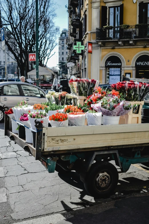 a truck filled with lots of flowers sitting on the side of a road, market in ancient rome, fan favorite, square, full width