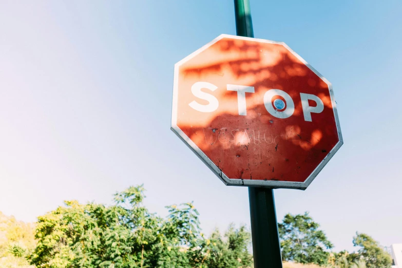 a red stop sign sitting on top of a green pole, a picture, by Matija Jama, pexels, instagram post, subject action : holding sign, grey, sunny light