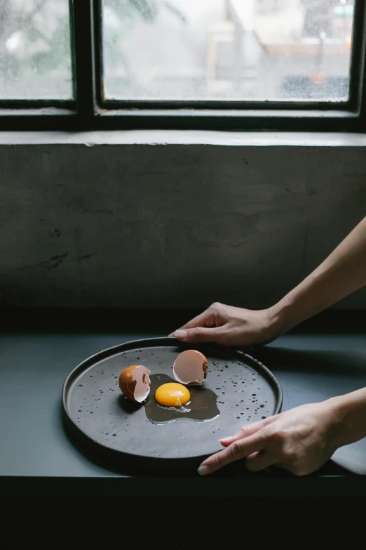 a person holding a plate with an egg on it, a still life, inspired by Yukimasa Ida, unsplash, raw egg yolks, slate, chefs table, thin porcelain
