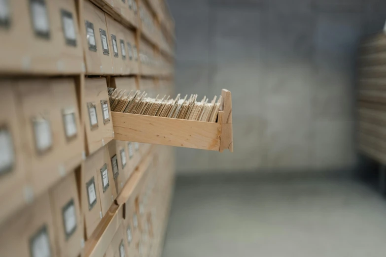 a file cabinet filled with lots of files, an album cover, unsplash, biodiversity heritage library, profile image, wooden crates, filmstill