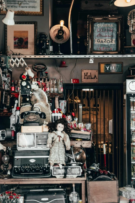 a store filled with lots of christmas decorations, by Elsa Bleda, pexels contest winner, maximalism, cheburashka, gothic antique theme, blank, inside a bar