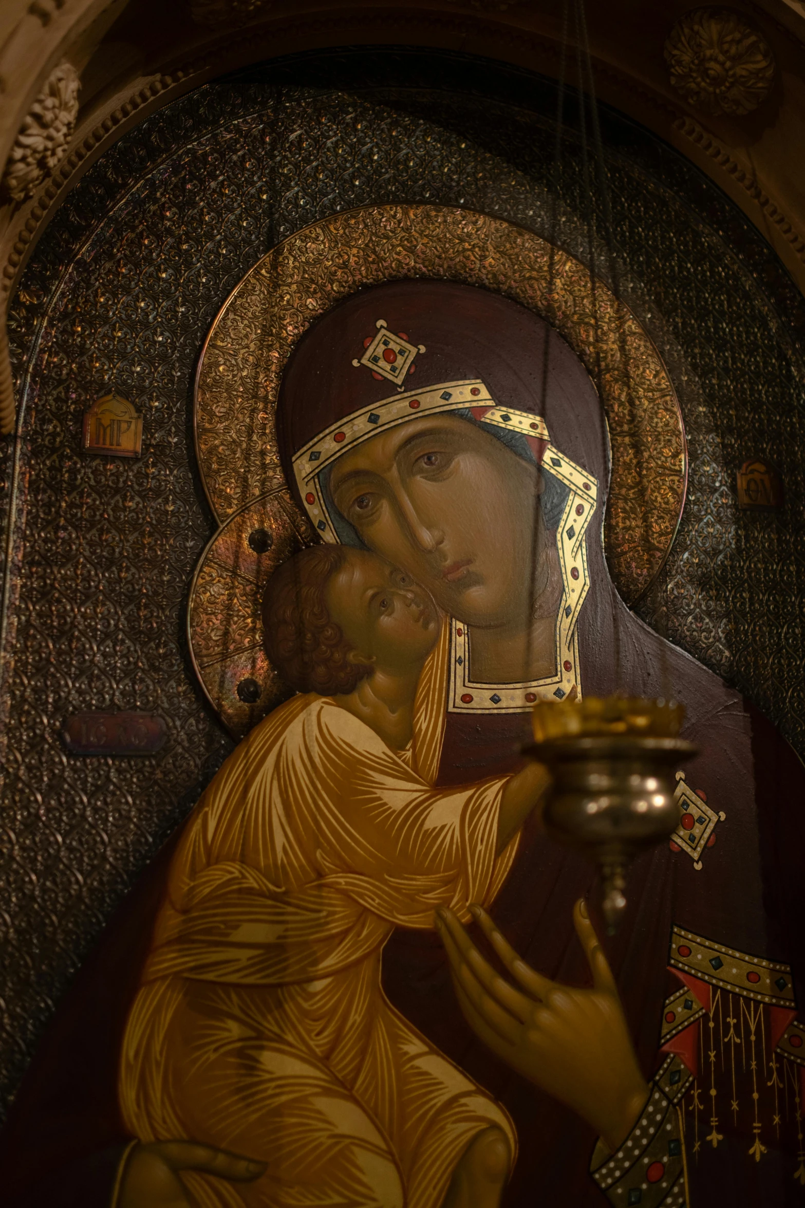 a painting of a woman holding a candle, a detailed painting, by Cimabue, pexels, cloisonnism, iconostasis in the bar, with infant jesus, russian temple, shot with sony alpha 1 camera