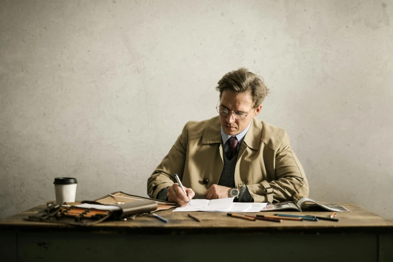 a man sitting at a desk writing on a piece of paper, professor clothes, detective, promo image, inspiration