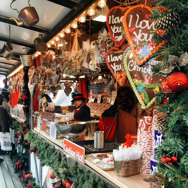 a store filled with lots of christmas decorations, a photo, by Julia Pishtar, pexels, graffiti, food stall, 🚿🗝📝, red brown and grey color scheme, 🎀 🍓 🧚