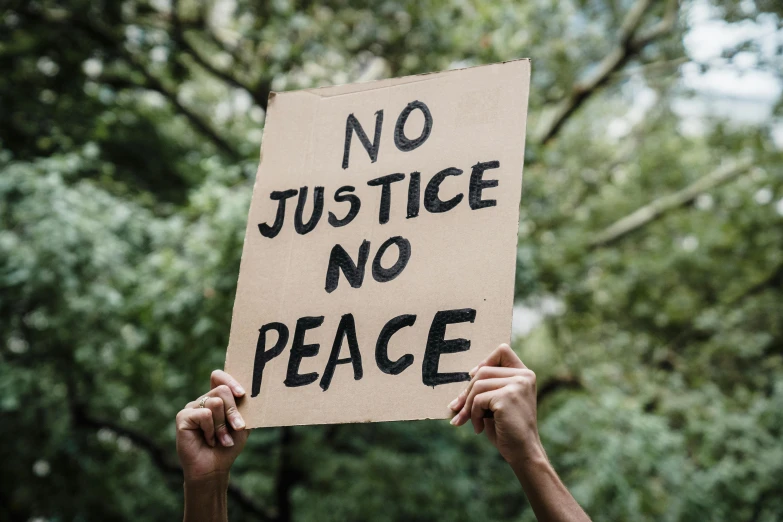 a person holding a sign that says no justice no peace, pexels, instagram post, background image, cardboard, essence