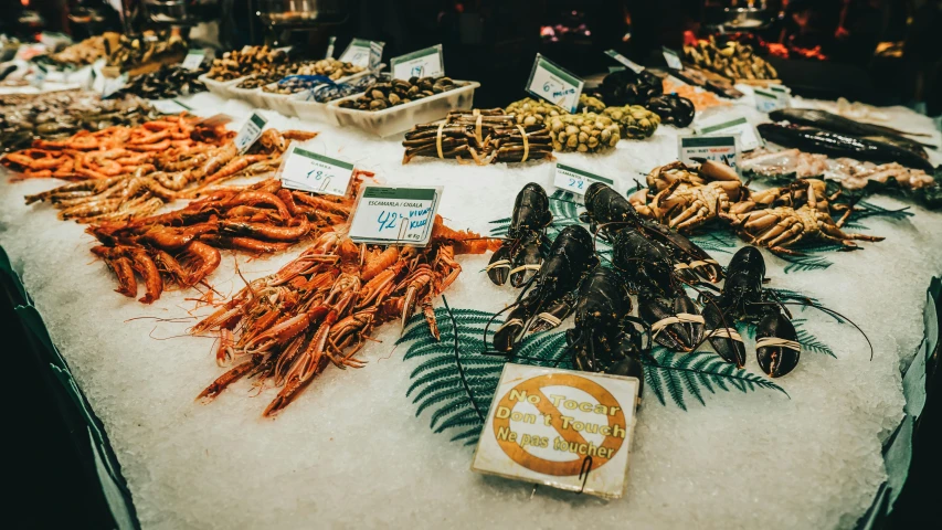 a table topped with lots of different types of seafood, by Julia Pishtar, unsplash, stood in a supermarket, prawn, no crop, battered