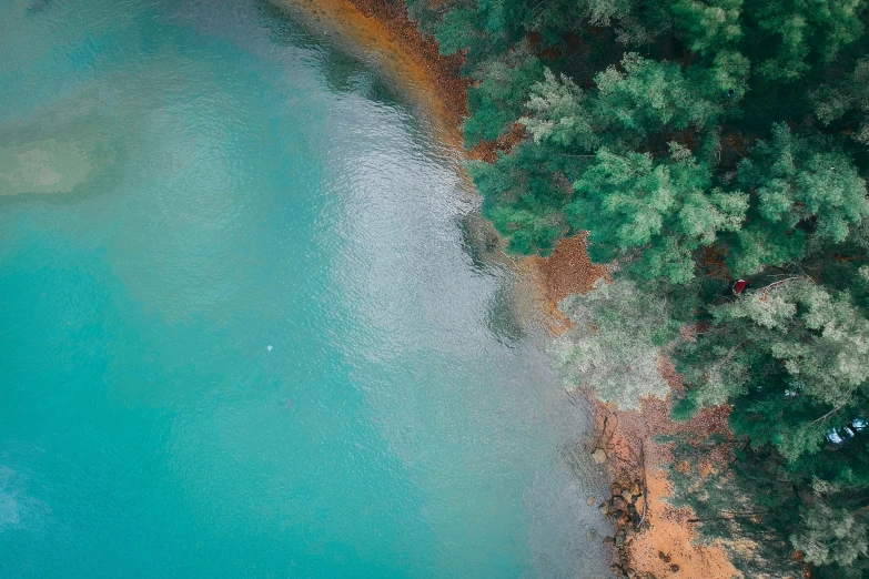 an aerial view of a body of water surrounded by trees, inspired by Elsa Bleda, pexels contest winner, hurufiyya, turquoise rust, australian beach, realistic depth, beautiful lake