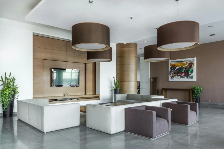 a living room filled with furniture and a flat screen tv, inspired by Bauhaus, trending on pexels, visual art, cubical meeting room office, brown, high quality image, suspended ceiling