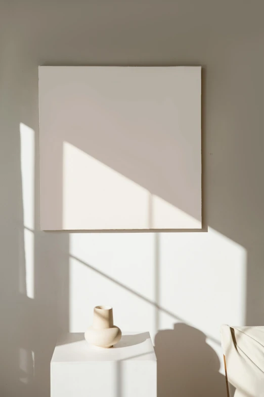 a white table with a vase on top of it, a minimalist painting, trending on unsplash, sun and shadow, 144x144 canvas, very aesthetic, soft sun lights