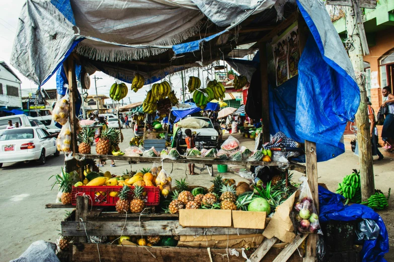 a fruit stand on the side of the road, by Daniel Lieske, unsplash, jamaican vibe, square, splento, surrounding the city