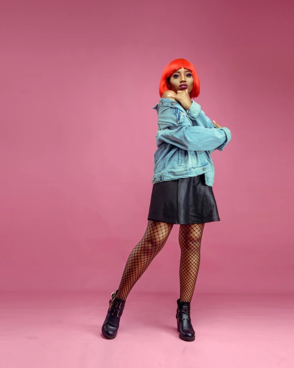 a woman wearing fishnet stockings and a denim jacket, trending on pexels, red wig, full body photgraph, 15081959 21121991 01012000 4k, black young woman