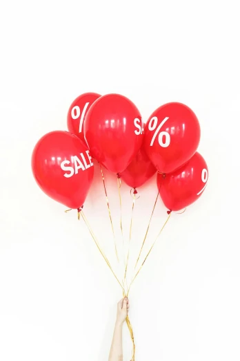 a bunch of red balloons with the words sale written on them, pexels, lo fi, thumbnail, mathematical, 10