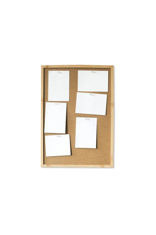 a cork board with post it notes attached to it, by Matthias Stom, in a wooden box. top down photo, product photo, brown, blond