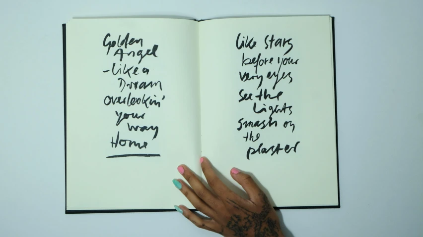 a person holding an open book with writing on it, an album cover, inspired by Tracey Emin, unsplash, wiz khalifa, gold paint, black marker, the stars