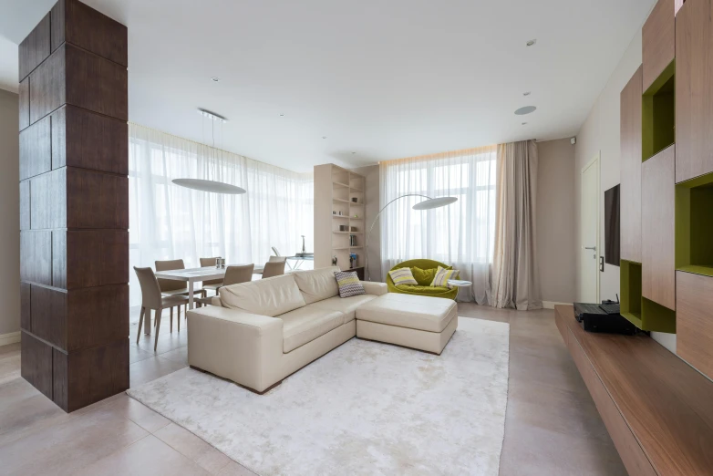 a living room filled with furniture and a large window, inspired by Reinier Nooms, pexels contest winner, light and space, neo kyiv, beige color scheme, 15081959 21121991 01012000 4k, white floor