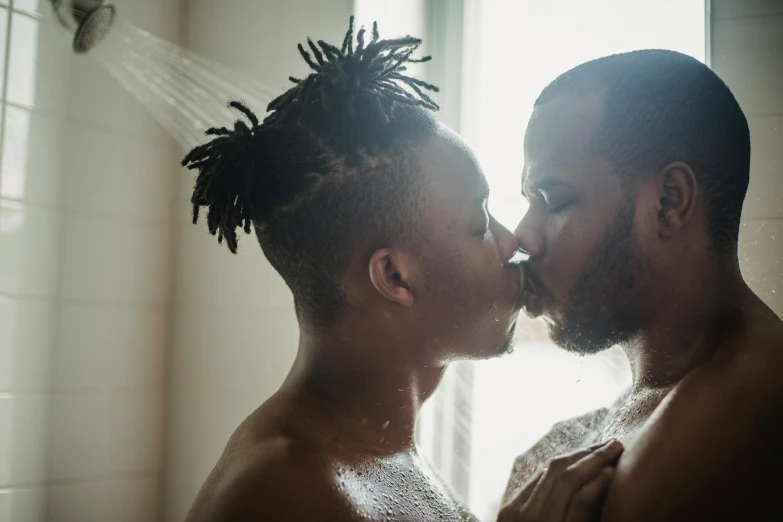 a man and a woman kissing in a shower, pexels contest winner, black man with afro hair, gay rights, in the morning, clean shaven