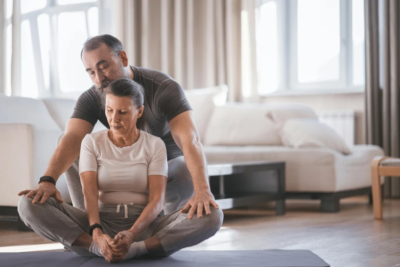 a man and woman doing yoga together in a living room, a portrait, pexels contest winner, renaissance, hide the pain harold, manuka, profile image, thumbnail