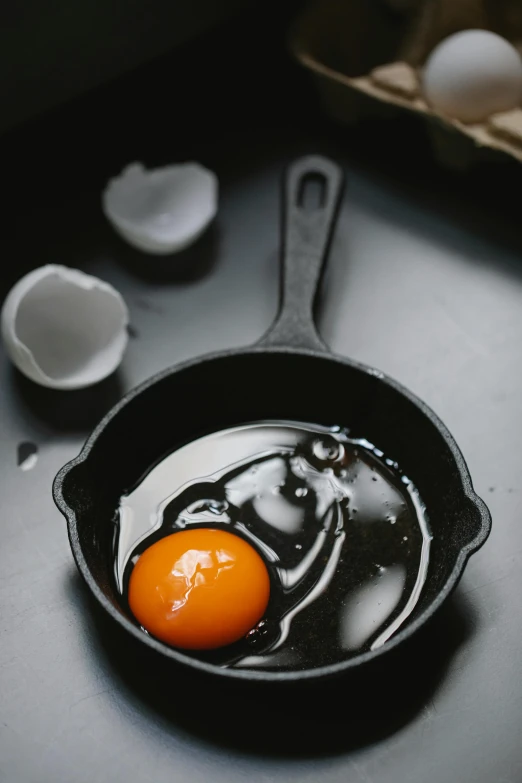 a close up of an egg in a frying pan, a still life, trending on pexels, melted wax, bells, black, an orange