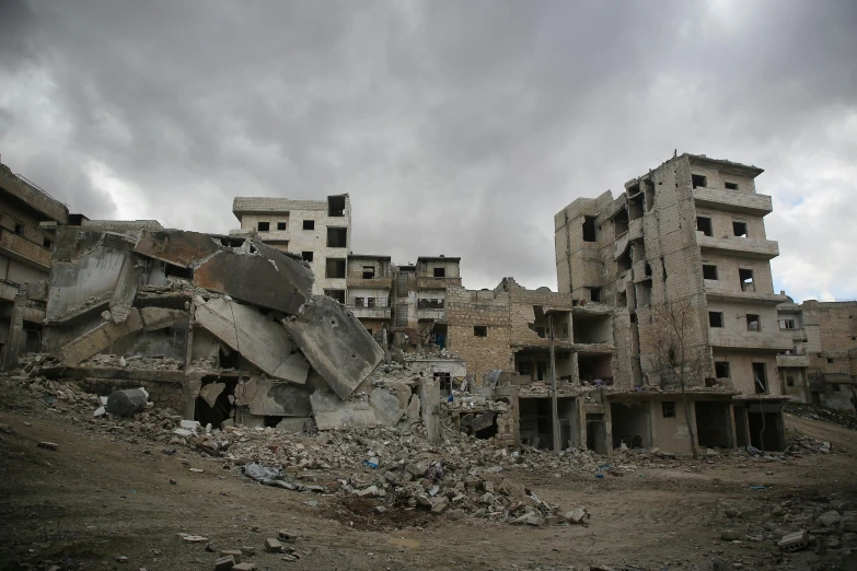 a large pile of rubble sitting on top of a dirt field, dau-al-set, white marble buildings, on a gray background, in 2 0 1 8, ap art