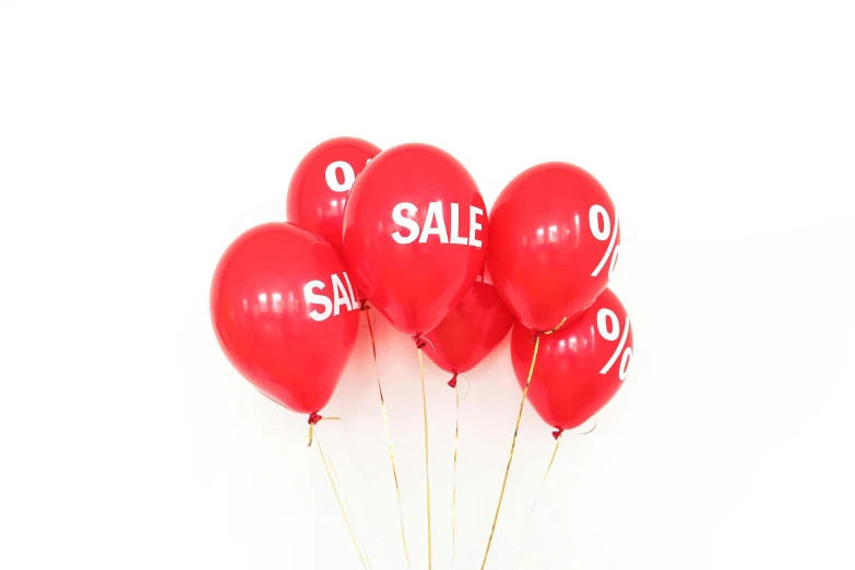 a bunch of red balloons with sale written on them, pexels, full product shot, instagram post, 7, small