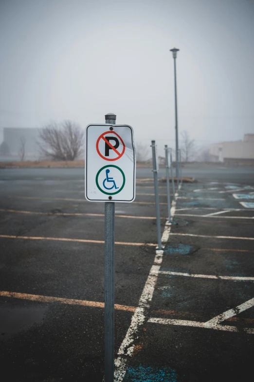 a parking lot filled with lots of parking spaces, by Ryan Pancoast, trending on pexels, under a gray foggy sky, sign, accessible for the disabled, portrait featured on unsplash