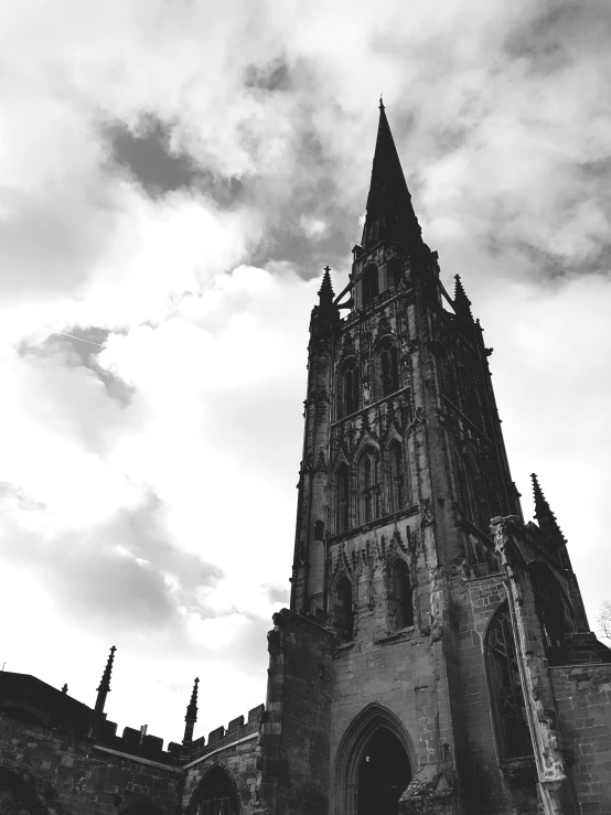 a black and white photo of a church, a black and white photo, pexels contest winner, gothic art, detmold, spire, gothic!!, tall structures