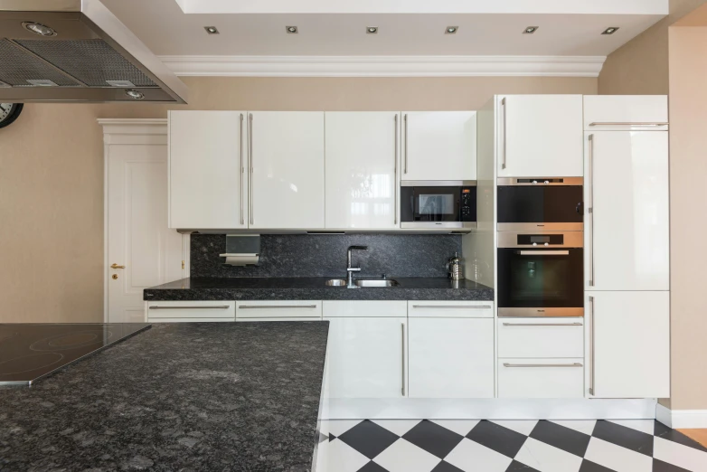 a kitchen with a black and white checkered floor, inspired by Illarion Pryanishnikov, unsplash, granite, unbeatable quality, square, platinum