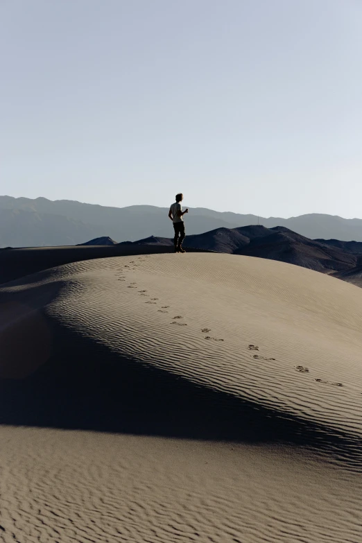a man standing on top of a sand dune, death valley, walking to the right, multiple stories, poop