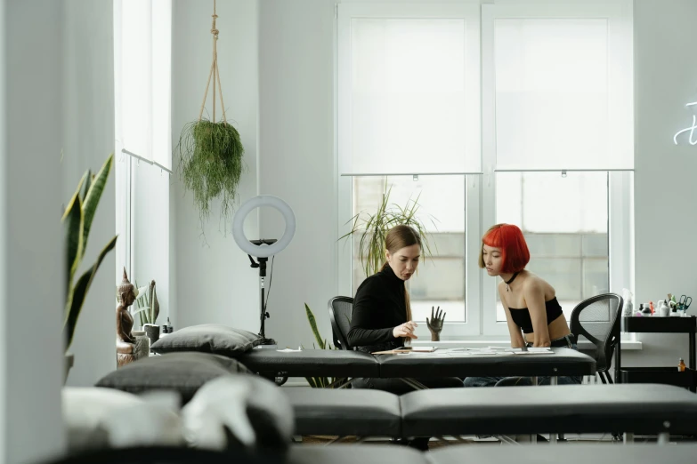 two women sitting at a table in a room, by Gavin Hamilton, trending on pexels, acupuncture treatment, tattoo artist, in a white room, couch desk