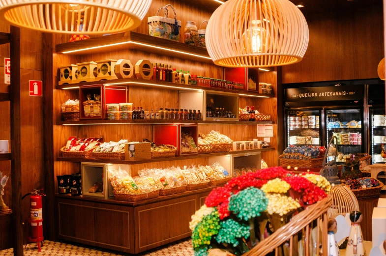 a store filled with lots of different types of food, pexels, art nouveau, sweets, warm lighting inside, profile image, brown
