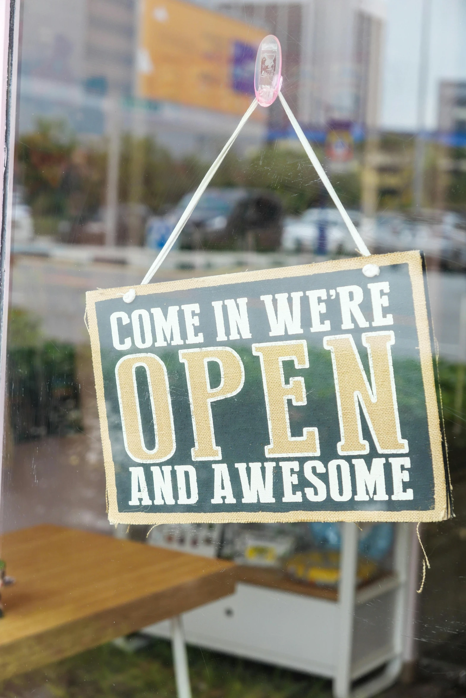 a sign that says come in we're open and awesome, a picture, by Dan Luvisi, happening, square, stockphoto, convenience store, thumbnail