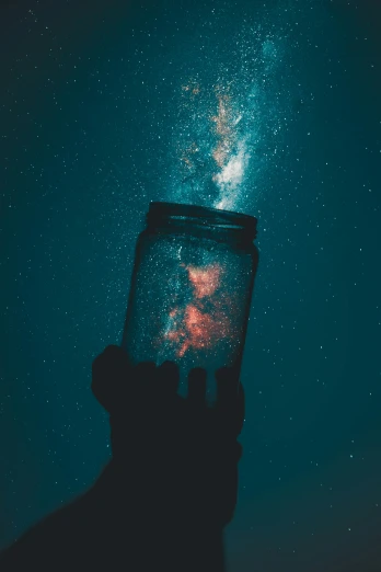 a person holding up a jar with the milky in it, an album cover, pexels contest winner, light and space, looking out into space, ((space nebula background))