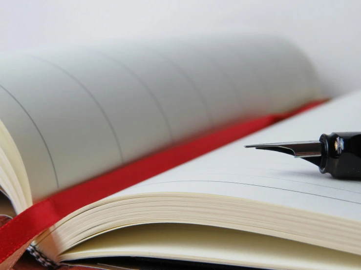 a pen sitting on top of an open book, an album cover, by David Simpson, unsplash, academic art, photorealistic detail, whiteboards, payne's grey and venetian red, looking across the shoulder