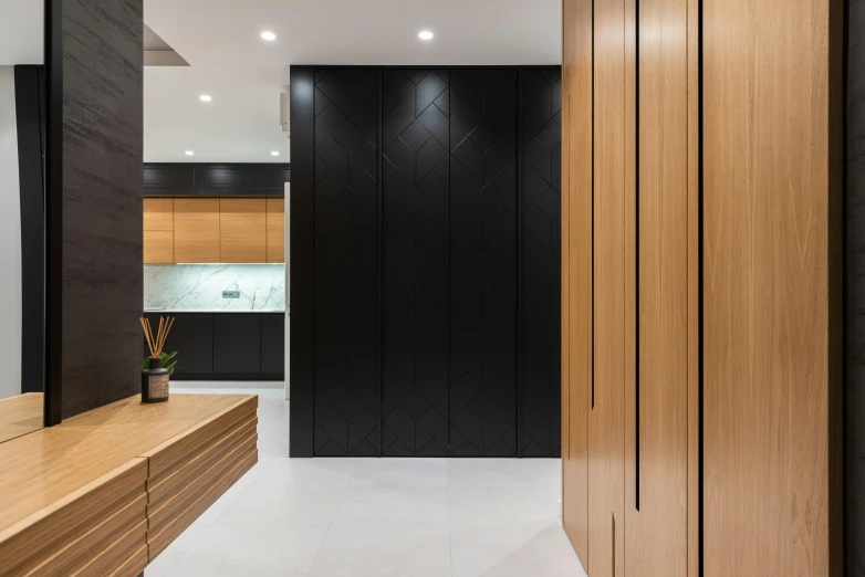 a bathroom with black walls and wooden cabinets, a 3D render, unsplash contest winner, realistic. 4 k, square lines, hallway landscape, elegant wardrobe