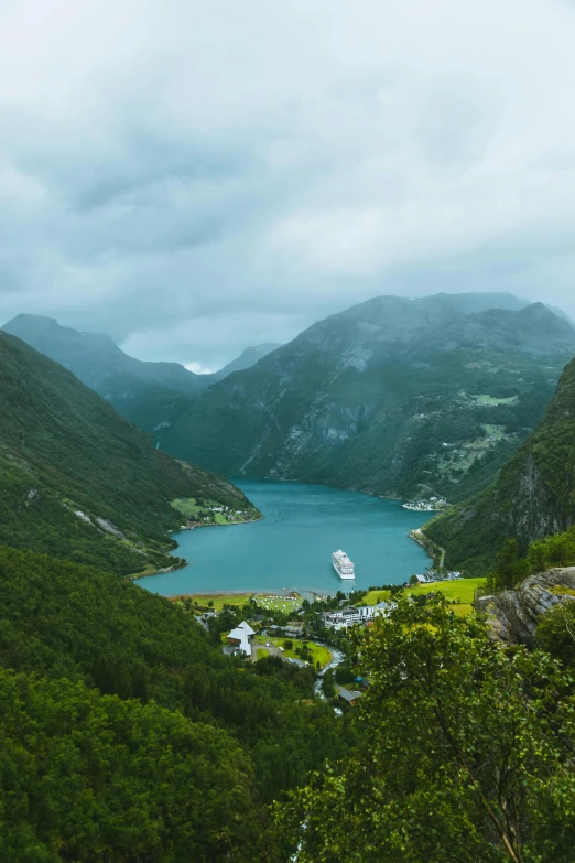 a large body of water sitting on top of a lush green hillside, by Sebastian Spreng, pexels contest winner, snowy fjord, ship on lake, in an epic valley, grey